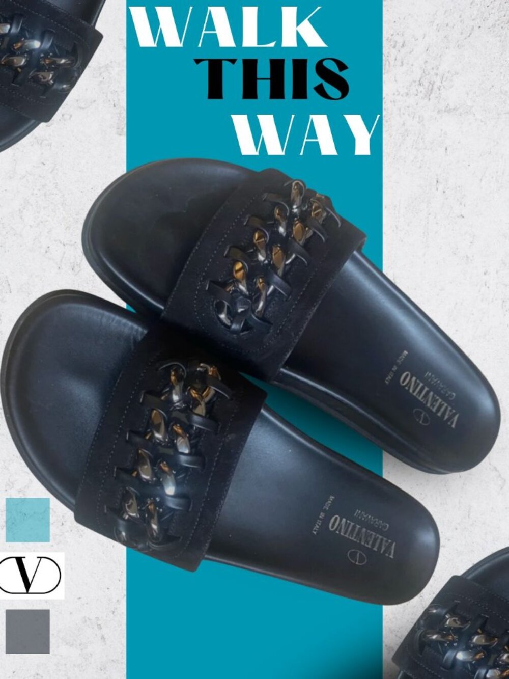 Black Valentino Chain Link Flat Slides Sandals Luxury Designer Shoes Size 39